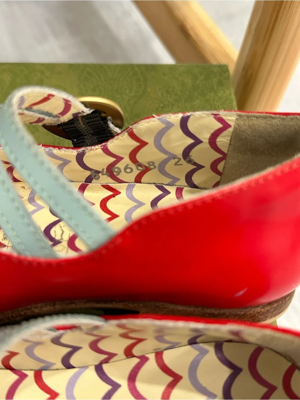 Gucci Red Leather Mary Jane Flats with Light Blue Straps